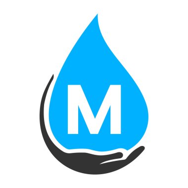 M-El ve Su Logosu Konsepti. Su Bakımı Logo Vektör Şablonu