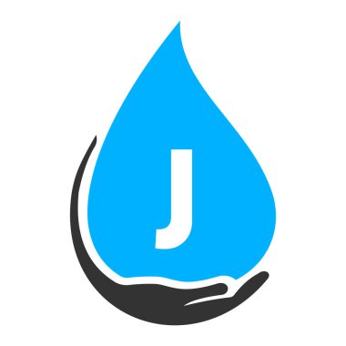 J El ve Su Logosu Konsepti. Su Bakımı Logo Vektör Şablonu