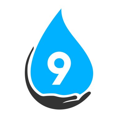 Harf 9 El ve Su Logosu Konsepti. Su Bakımı Logo Vektör Şablonu