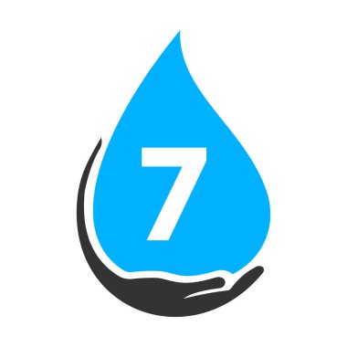 Harf 7 El ve Su Logosu Konsepti. Su Bakımı Logo Vektör Şablonu