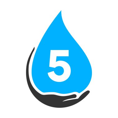 Harf 5 El ve Su Logosu Konsepti. Su Bakımı Logo Vektör Şablonu