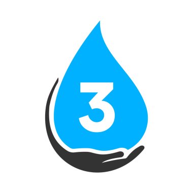 Mektup 3 El ve Su Logosu Konsepti. Su Bakımı Logo Vektör Şablonu