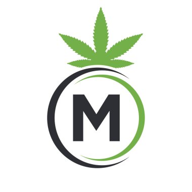 M harfi Marijuana Logosu. Kenevir Logosu M Alfabe Terapi, Sağlık ve Sağlık Sembolü Konseptini İmzala