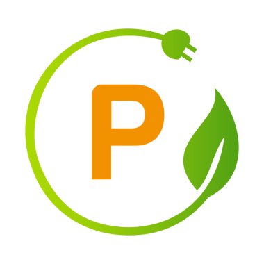 P Harfi Yeşil Enerji Elektriksel Logo Şablonu. Çevre Yeşil Yaprak Vektörü İşaretli Elektrik Eklentisi İşareti