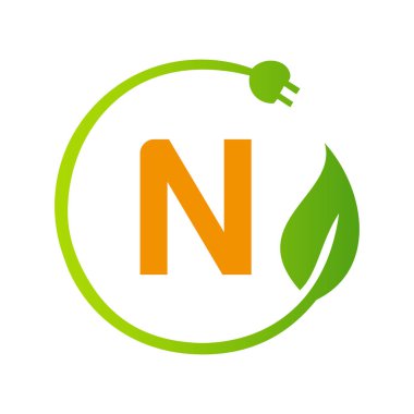 N harfi yeşil enerji elektrik prizi logo şablonu. Çevre Yeşil Yaprak Vektörü İşaretli Elektrik Eklentisi İşareti