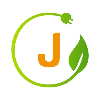 J harfi yeşil enerji elektrik prizi logo şablonu. Çevre Yeşil Yaprak Vektörü İşaretli Elektrik Eklentisi İşareti