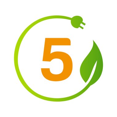 Letter 5 Green Energy Electrical Plug Logo Template. Electrical Plug Sign Concept with Eco Green Leaf Vector Sign