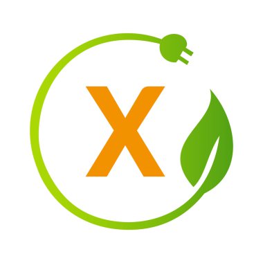 X harfi yeşil enerji elektrik prizi logo şablonu. Çevre Yeşil Yaprak Vektörü İşaretli Elektrik Eklentisi İşareti