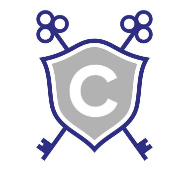 C Harfi Gayrimenkul Logosu Tasarımı ve Çapraz Anahtar İşareti. Kalkan Sembolünde Key Emlak Logotype