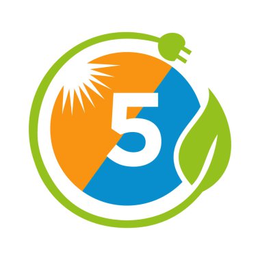 5. Harf Güneş Enerjisi Logo Tasarımı Güneş, Yaprak ve Elektrik Eklentisi Güneş Paneli Vektör Şablonu