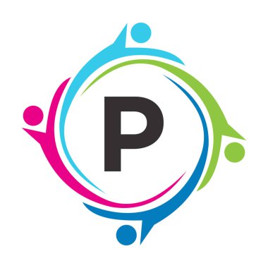 P Harfi Takım Çalışması Logosu Birlik Sembolü. Yardım İşareti Halk Sağlığı Sendikası Logosu
