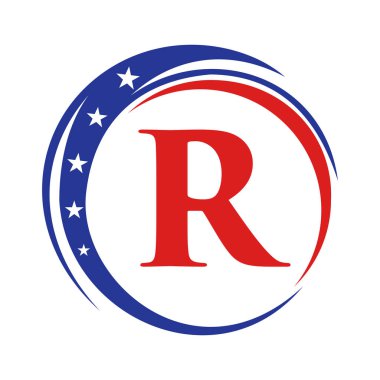 R harfi Amerika logosu ABD bayrağı. Vatansever Amerikan Logosu R Şablonu Üzerinde Tasarım