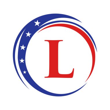 L harfi Amerika logosu ABD bayrağı. Vatansever Amerikan Logosu L Şablonu Üzerinde Tasarım