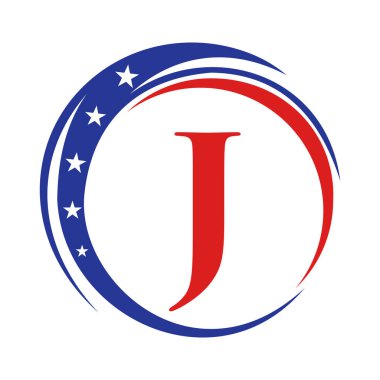 J harfi Amerika logosu USA bayrağı. Vatansever Amerikan Logosu J Şablonu Tasarımı