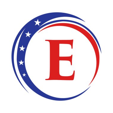 E harfi Amerika logosu USA bayrağı. Vatansever Amerikan Logosu E Şablonu Tasarımı