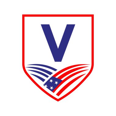 V harfi Amerikan Tarım Logosu Şablonu. Alfabe V Konseptinde Usa Tarım Logosu