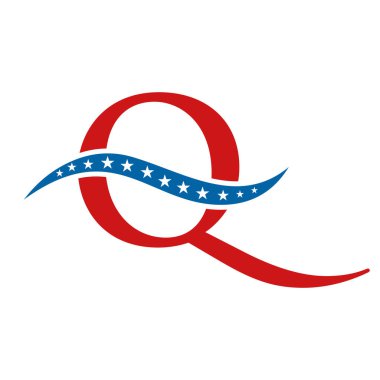 Q harfi, Amerika logosu, ABD bayrağı. Vatansever Amerikan İş Logosu Q Şablonu Tasarımı
