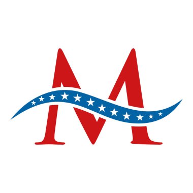 M harfi Amerika logosu ABD bayrağı. Vatansever Amerikan iş logosu M Şablonu Tasarımı