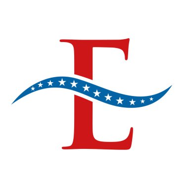 E harfi Amerika logosu USA bayrağı. Vatansever Amerikan İş Logosu E Şablonu Tasarımı