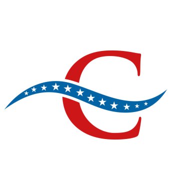 C harfi, Amerika logosu, ABD bayrağı. Vatansever Amerikan İş Logosu C Şablonu Tasarımı