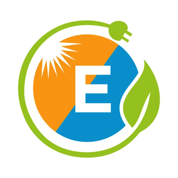 Letter Solar Energy Logo Design Concept Sun Leaf Electric Plug — Vetor de Stock