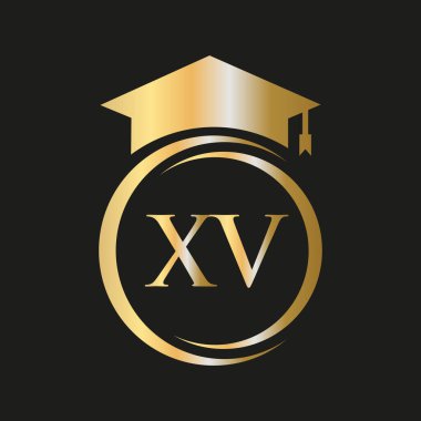 Harf XV Eğitim Logosu Eğitimsel Mezuniyet Şapka Vektör Şablonu
