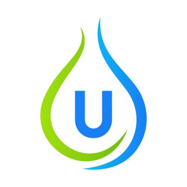 U Harfi Su Düşürme Logosu Tasarım Vektör Şablonu. Asgari Su Logosu İşareti
