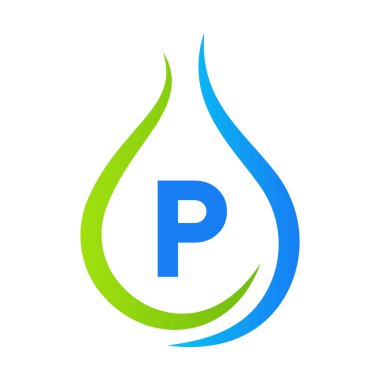 P Harfi Su Düşürme Logosu Tasarım Vektör Şablonu. Asgari Su Logosu İşareti