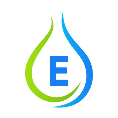 E Harfi Su Düşürme Logosu Tasarım Vektör Şablonu. Asgari Su Logosu İşareti