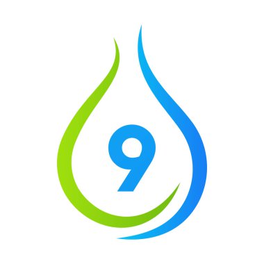 Harf 9 Su Düşürme Logosu Tasarım Vektör Şablonu. Asgari Su Logosu İşareti