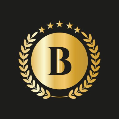 Letter B Concept Seal, Gold Laurel Wreath and Ribbon. Luxury Gold Heraldic Crest Logo Element