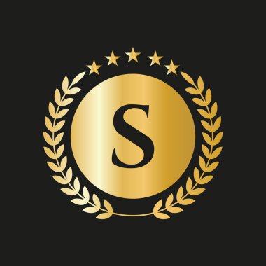 Letter S Concept Seal, Gold Laurel Wreath and Ribbon. Luxury Gold Heraldic Crest Logo Element