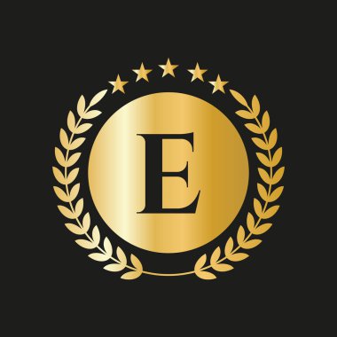 Letter E Concept Seal, Gold Laurel Wreath and Ribbon. Luxury Gold Heraldic Crest Logo Element