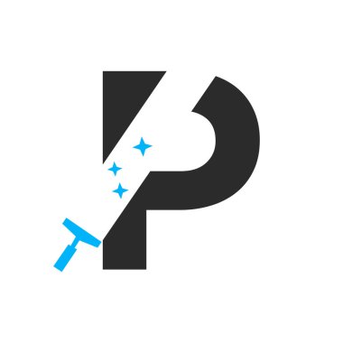 Letter P House Cleaning Logo Concept For Broom Maid Service Symbol Vector Template