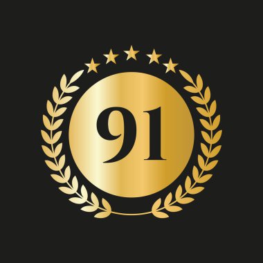 91 Years Anniversary Celebration Icon Vector Logo Design Template With Golden Concept