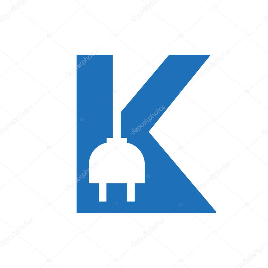Letter K Electricity or Electrical Logo Concept with Electric Plug Vector Template