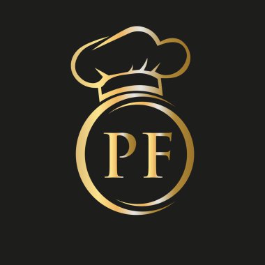 Initial Letter PF Restaurant Logo Template. Restaurant Logo Concept with Chef Hat Symbol Vector Sign