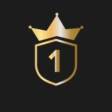 Kalkan Crown logosu Zarif Altın Renkli 1. harf Vektör Sembolü