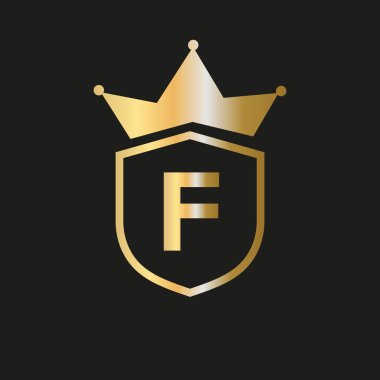 Zarif Altın Renkli F Harfi Vektör Sembolüne Kalkan Taç Logosu
