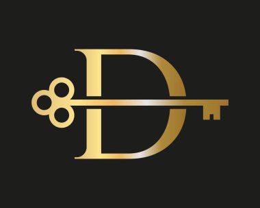D Harfi Emlak Logosu Konsepti ile Ev Kilidi Anahtar Vektör Şablonu. Lüks Ev Logosu Anahtar İşareti