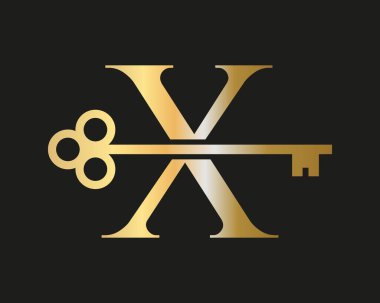 X Harfi Gayrimenkul Logosu Konsepti ile Ev Kilidi Anahtar Vektör Şablonu. Lüks Ev Logosu Anahtar İşareti