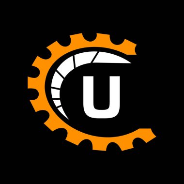 U harfi üzerinde otomotiv logosu. Araba Tamir Logosu ve Tamir Sembolü Vektör Şablonu