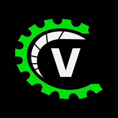 V harfi üzerinde otomotiv logosu. Araba Tamir Logosu ve Tamir Sembolü Vektör Şablonu