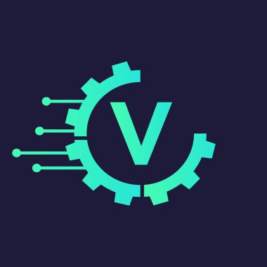 V harfi vektör şablonunda Cog Gear Logo Teknolojisi Sembolü