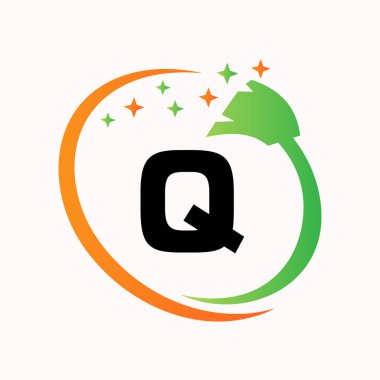 Q harfi üzerindeki ilk Temizlik Logosu. Hizmetçi Logotype Vektör Sembolü
