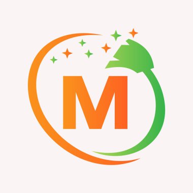 M harfi üzerindeki ilk Temizlik Logosu. Hizmetçi Logotype Vektör Sembolü