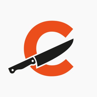 Restoran ve Mutfak Sembol Logosu için C harfi üzerinde bıçak logosu.