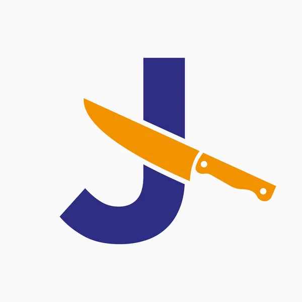 餐饮业字母J概念及厨房符号标识上的刀具标志 — 图库矢量图片