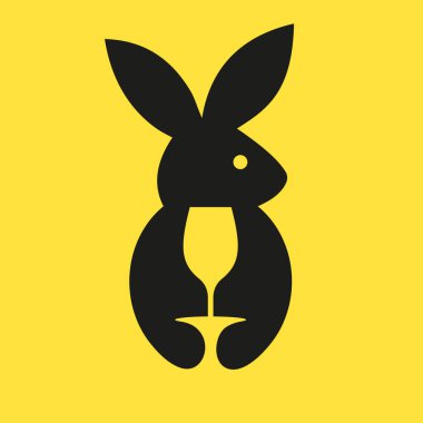 Tavşan şarabı logosu negatif uzay konsepti vektör şablonu. Tavşan Şarap Tutan Cam Sembolü