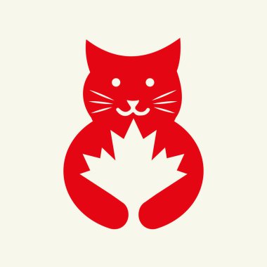 Kedi Akçaağaç Logosu Negatif Uzay Kavramsal Vektör Şablonu. Kedi Tutan Akçaağaç Yaprak Sembolü